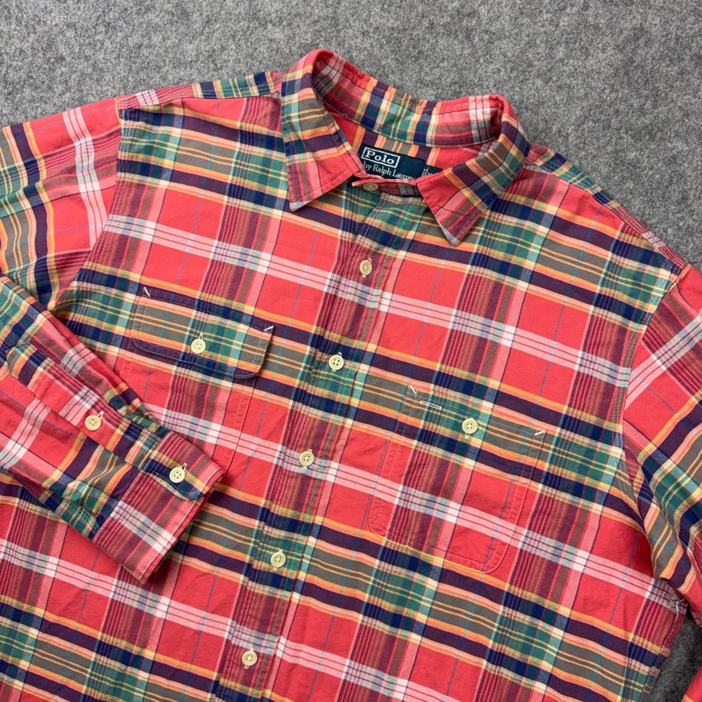 VTG Polo Ralph Lauren Shirt Mens XL Pink Plaid Long Sleeve‎ Button Up Cotton 90s